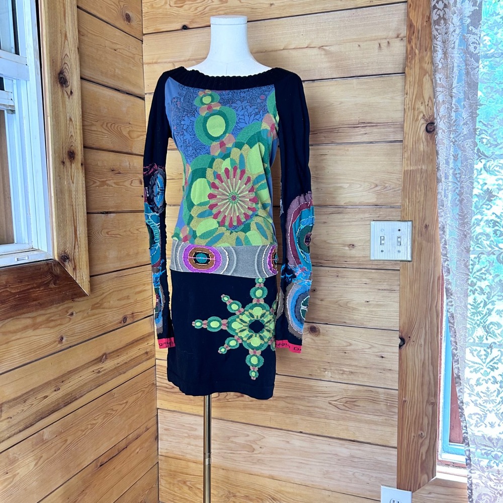 Patchwork Knit Micro Mini Dress Womens Medium Black Multi Mandala Desigual